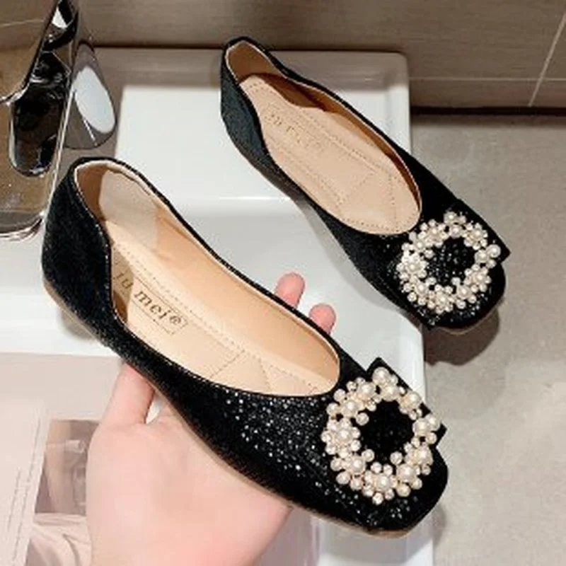 

Модные Удобные повседневные Черные Лоферы Ytmtloy на мягкой подошве с квадратным носком и жемчугом, женские мокасины, женская обувь на плоской ...