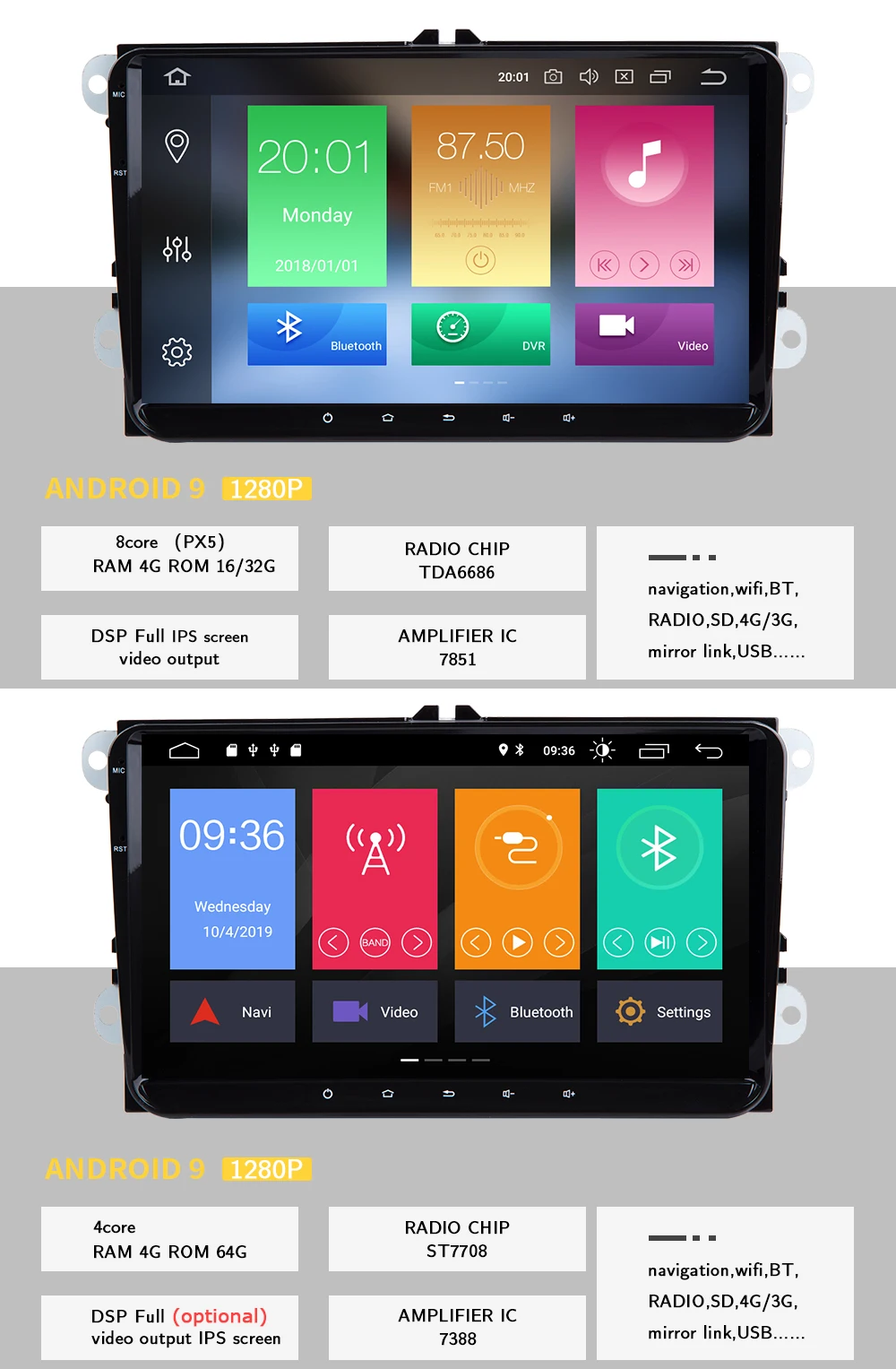 Josmlie Авторадио 2din Android 9,0 Автомобильный мультимедийный для VW Passat B6 CC Amarok Volkswagen Skoda Octavia 2 Superb Seat Leon Golf 5