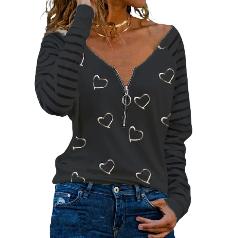 

Women's T-shirt Spring Autumn Fashion Heart Printed Zipper V-neck Striped Long Sleeve T-shirt Casual Womens Tops 2022