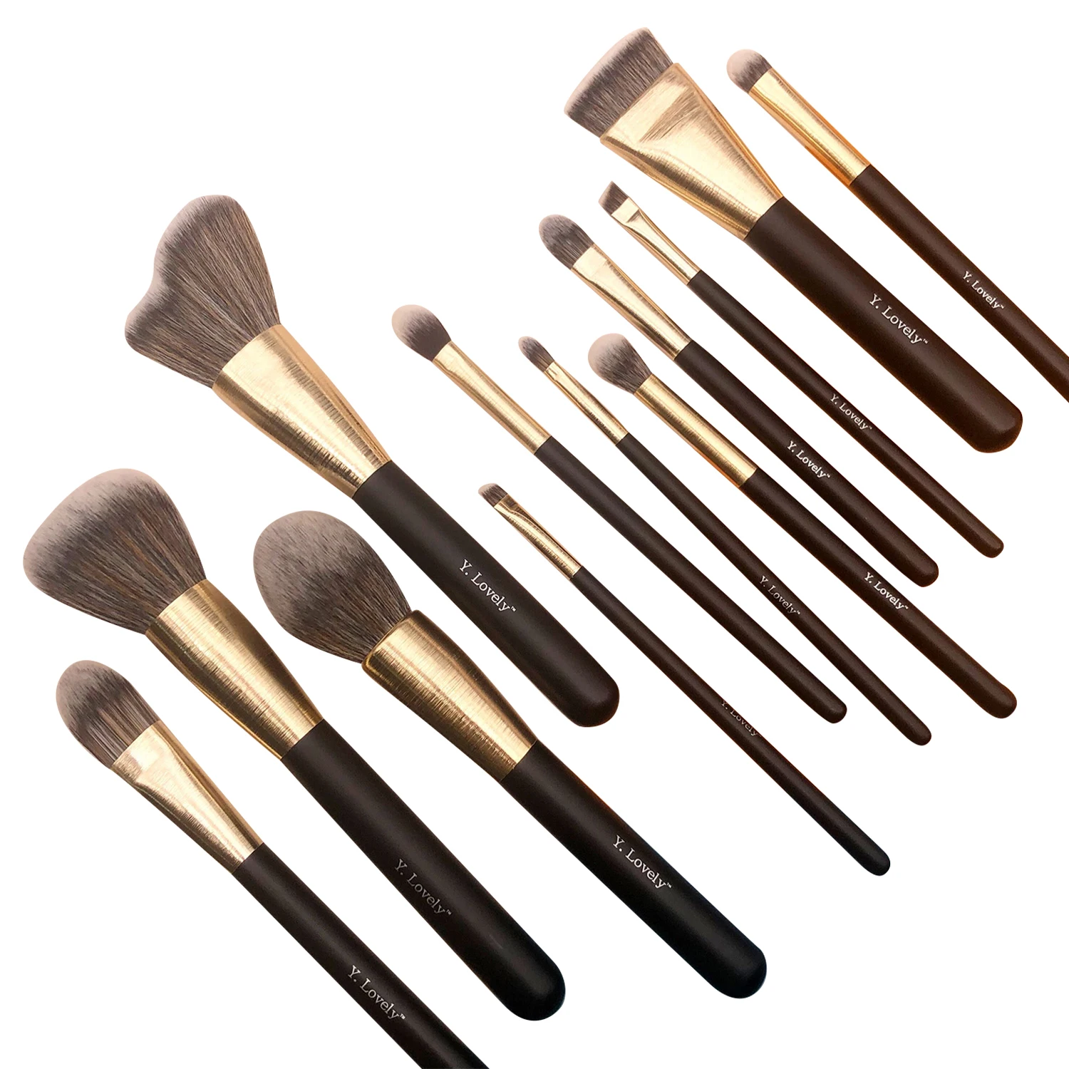 

Y Lovely 12pcs Super Soft Synthetic Hair Draw Line Aluminum Ferrule Powder Blush Contour Buff Makeup Brush Set