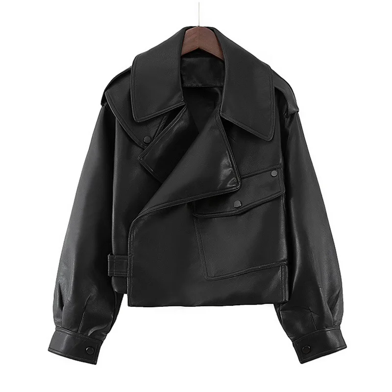 

2020 Spring and Autumn New Women's Loose Version Short Lapel PU Leather Jacket Jacket Fashion Motorcycle Leather Jacket