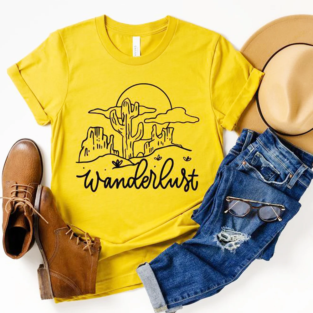 

Wanderlust Cactus T-shirts Women Hiking Outside Graphic Tee Shirt Causal Loose Tshirt Cotton Big Size Tops Short Sleeve Woman
