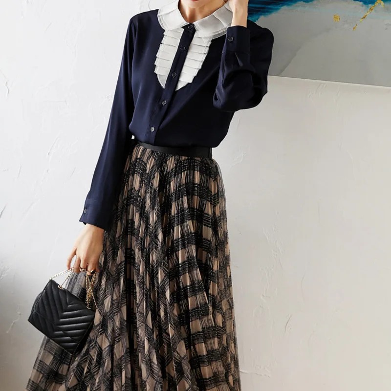 

silk shirt Lace New collar court style heavy weight Silk Top Long Sleeve Shirt wide pine mulberry silk shirt
