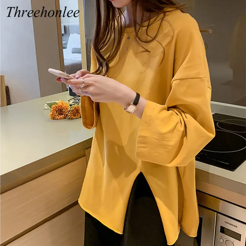 

Loose Women's T-shirt Spring Autumn Long Sleeve Casual Vintage Split Tops BF Cotton Plain Female Korean Fashuon T-Shirt