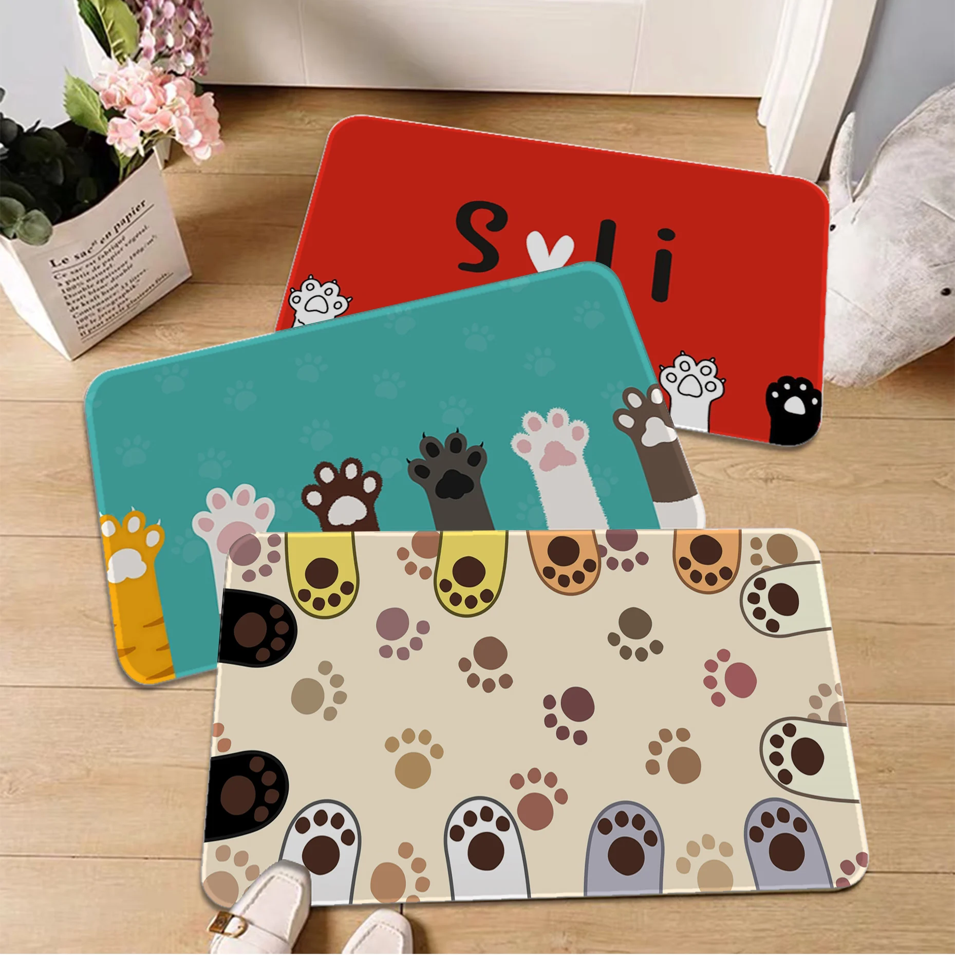 

Cute Cats paw Mat Printed Flannel Floor Mat Bathroom Decor Carpet Non-Slip For Living Room Kitchen welcome Doormat carpet
