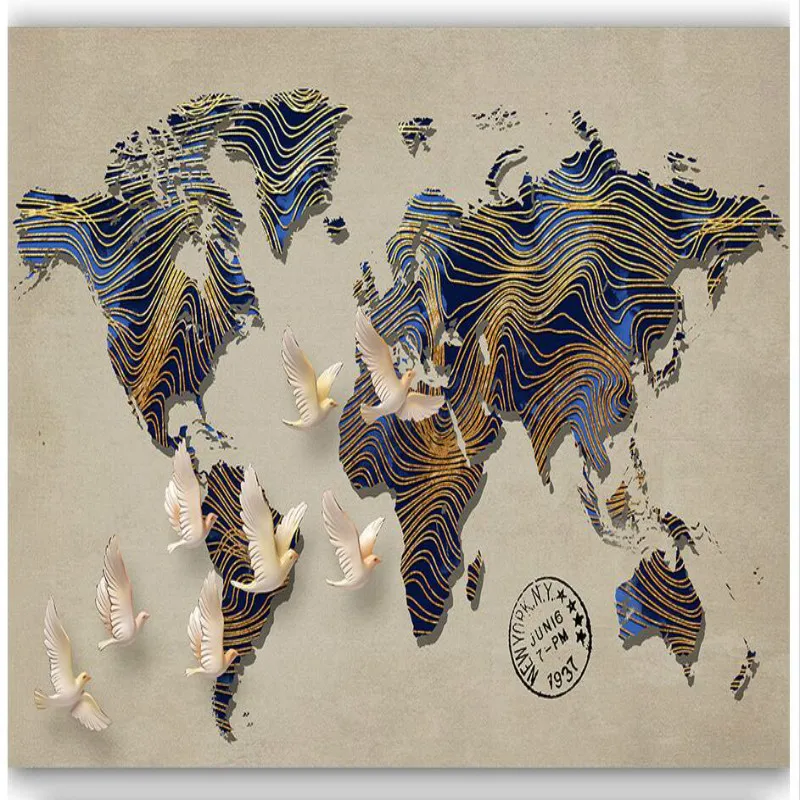 

Retro Vintage World Map Mural Wallpapers for Cafe Restaurant Walls 3D Abstract Geometric Lines Yellow Background Wall Paper 3D