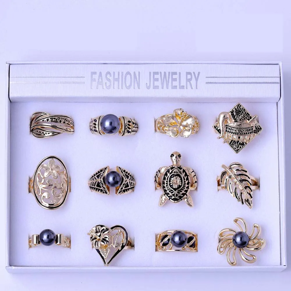 

SophiaXuan 2021 Gold Plated Ring Fashion Hawaiian Black Pearl Flower Engagement Rings Sets for Women Jewelry Christmas Gifts