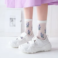 dreamlikelin summer womens thin socks mesh breathable purple lavender korean style girls miiddle tube socks
