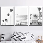 Плакаты пляжные с тропическим пейзажем, настенная Картина на холсте с рисунком пальмы, пляжа, серфинга, черно-белые фотографии, домашний декор