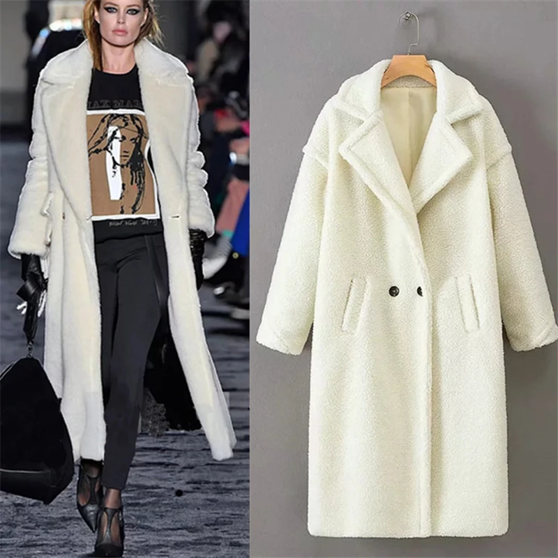Новинка 2019 зимнее женское Свободное длинное пальто из овечьей шкуры теплая