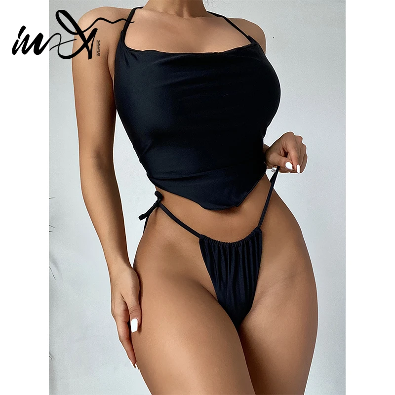 

Однотонные бикини с открытой спиной, женские купальные костюмы с высоким вырезом