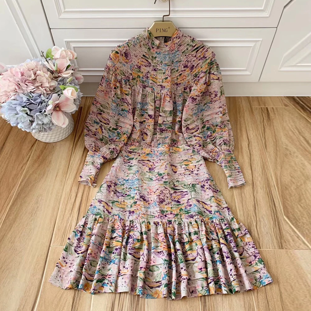 Red RoosaRosee Runway Designer Women Elegant Flower Print Autumn Spring Draped Dress Long Lantern Sleeve Gorgeous Party Dresses
