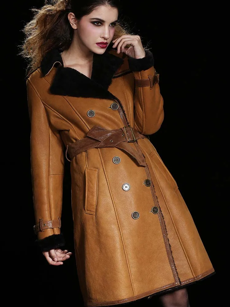 Womens Winter Fashion Morino Sheepskin Double-faced Wool Fur Geniune Leather Suede Long Coat & Jacket Double Breasted Black XXXL