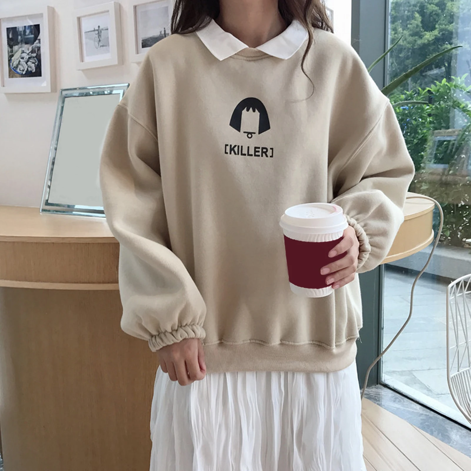 Women Autumn Long Sleeve Turn Down Collar Letters Print Plush Sweatshirt Hoodie