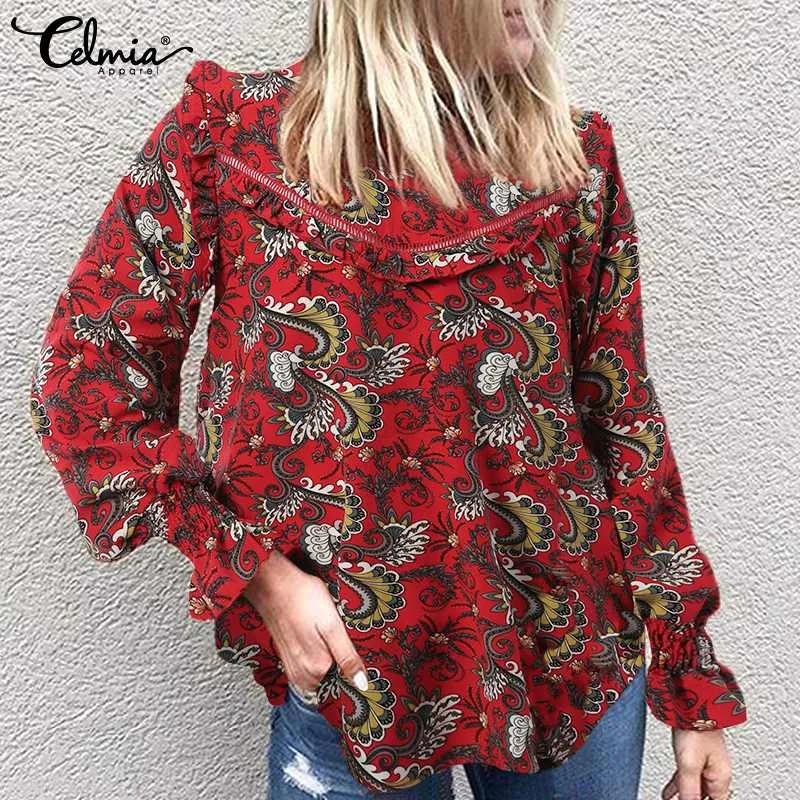 

Celmia Women's Blouses 2022 Fashion Shirring Cuff Long Puff Sleeve Blusas Vintage Floral Printed Tunic Casual Folds Stitched Top