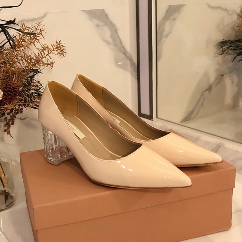 

Prowow Patent Leather Pumps Women Crystal High Square Heels Ladies Dress Shoes Pointed Toe Slip on New Woman Shoe