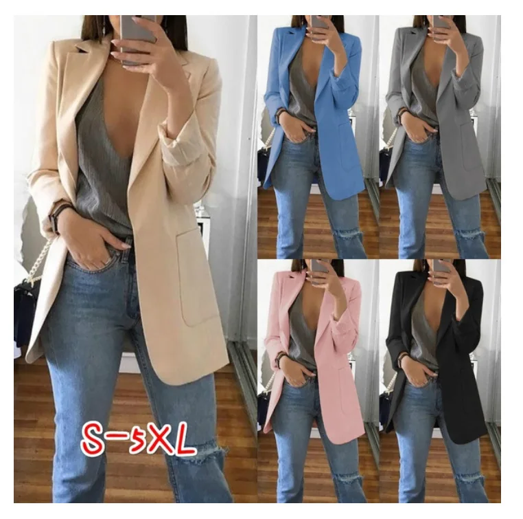

15 Colors Plus Size Women Slim Casual Blazer Jacket Top Outwear Career Long Coat