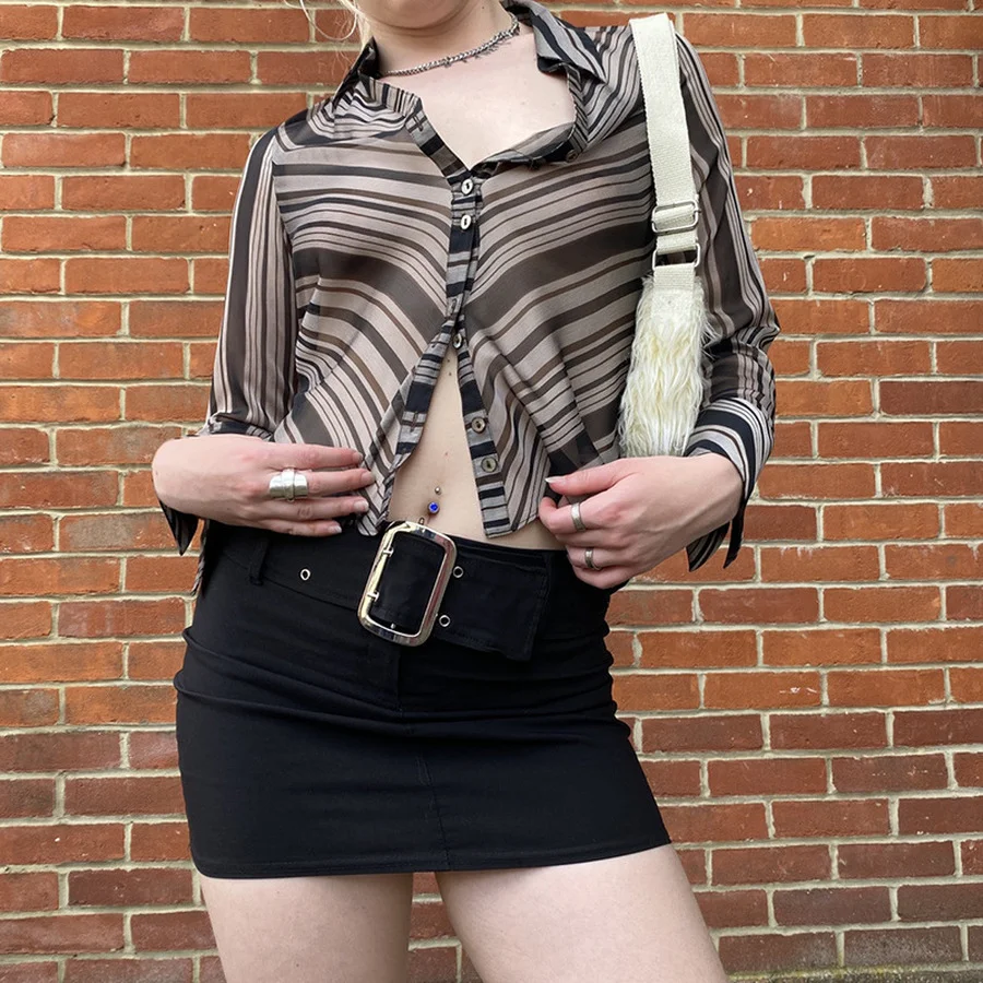 

Long-sleeved Printed Striped Mesh Shirt New Autumn and Winter Women Shirts Lapel Light Casual Jacket Bottoming Short Top