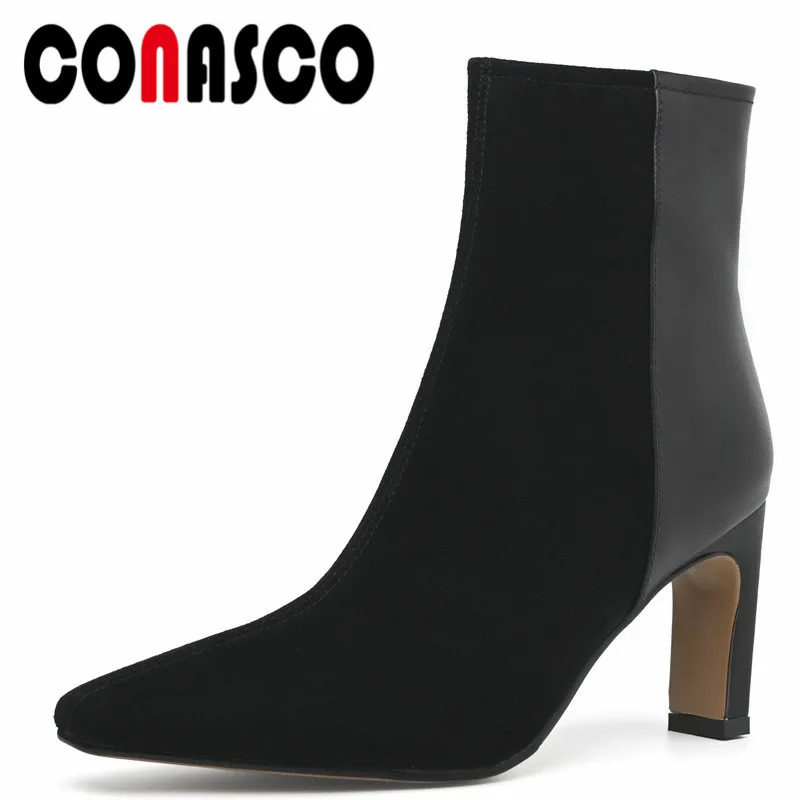 

CONASCO Sexy Women Ankle Boots Autumn Winter Warm Cow Leather Night Club Wedding Prom Elagant Boots High Heels Shoes Woman