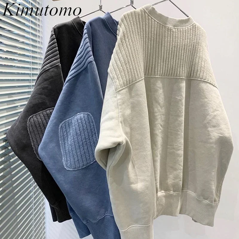 

Kimutomo Stitching Patch Sweatshirt Women Korea New Fashion Autumn 2021 Ladies Round Neck Long-sleeved Casual Solid Top Chic