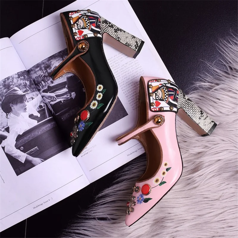Women Single Shoes Buckle Mixed Colors Shallow Mary Janes Sandalias Mujer Embroidery Pointed Toe Rhinestone Sexy Sandalias Mujer