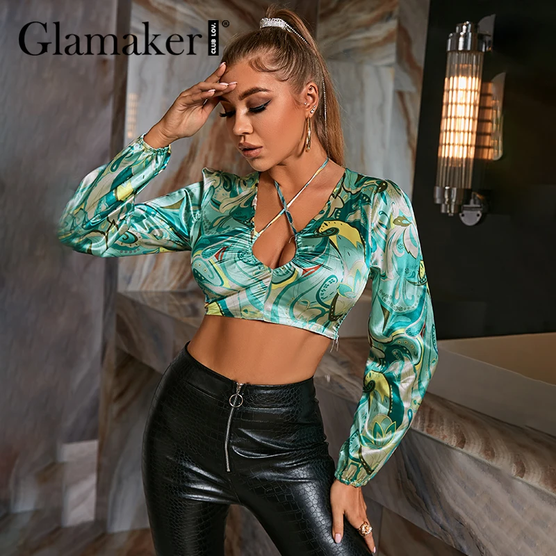 

Glamaker Geometric print Satin hollow out cropped top Women bodycon Lantern sleeve chic blouse shirts Sexy tops new ladies