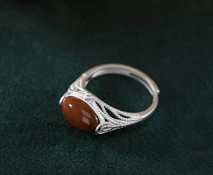 S925 sterling silver inlaid natural southern red agate personality simple ladies plain silver open ring