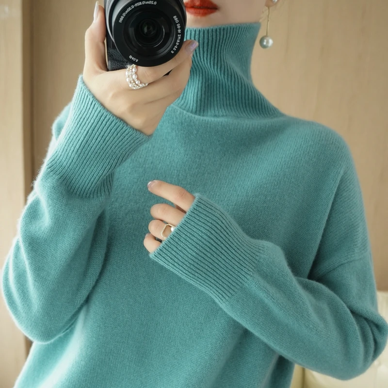 

New women's high neck loose wool sweater sweater pullover thick knitted cashmere sweater outer wear base large size warm top