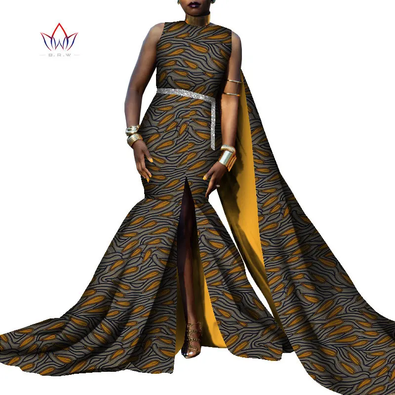 Bintarealwax Sleeveless Party Dress Dashiki Elegant Africa Style Clothing for Women Plus Size Floor- Length Dresses WY8794