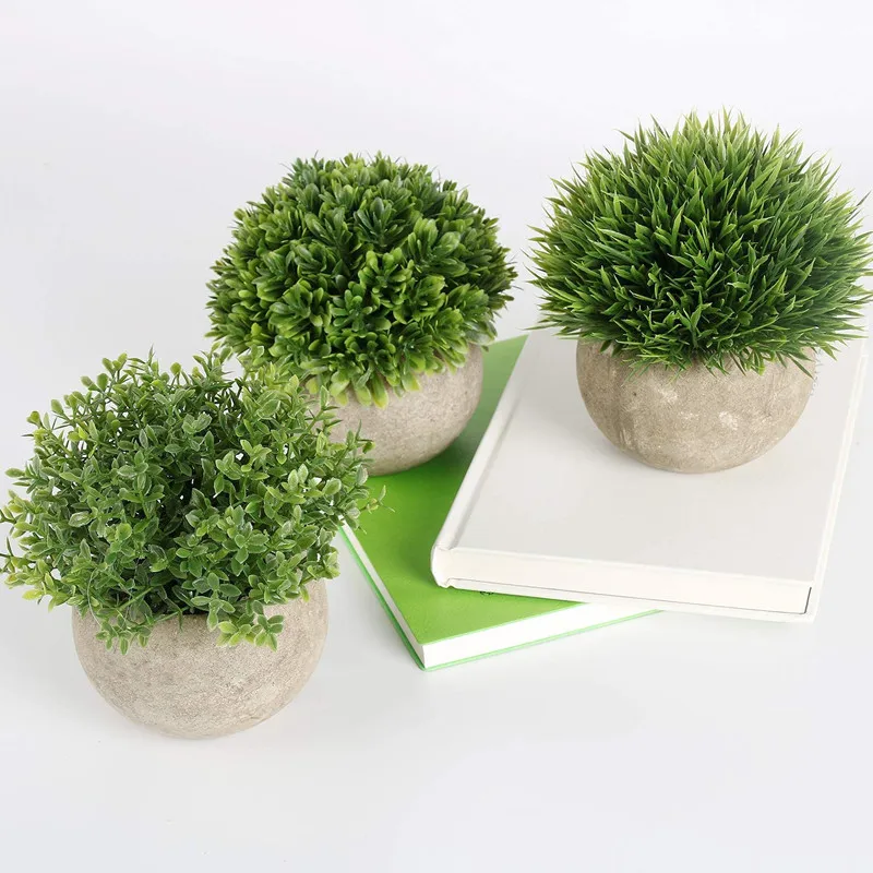 

Artificial Plant Round Grass Set of 3 With Grey Pot 9.5X13cm Fake Plants Flower Grass Birthday Party Home Office Desk Decor