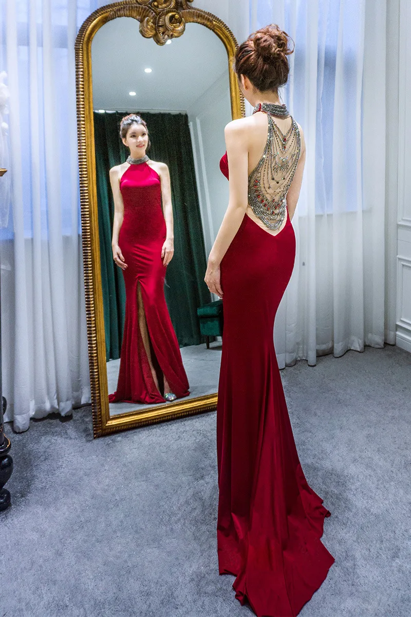 Длинное вечернее платье русалка с лямкой на шее со шлейфом|Вечерние платья| |