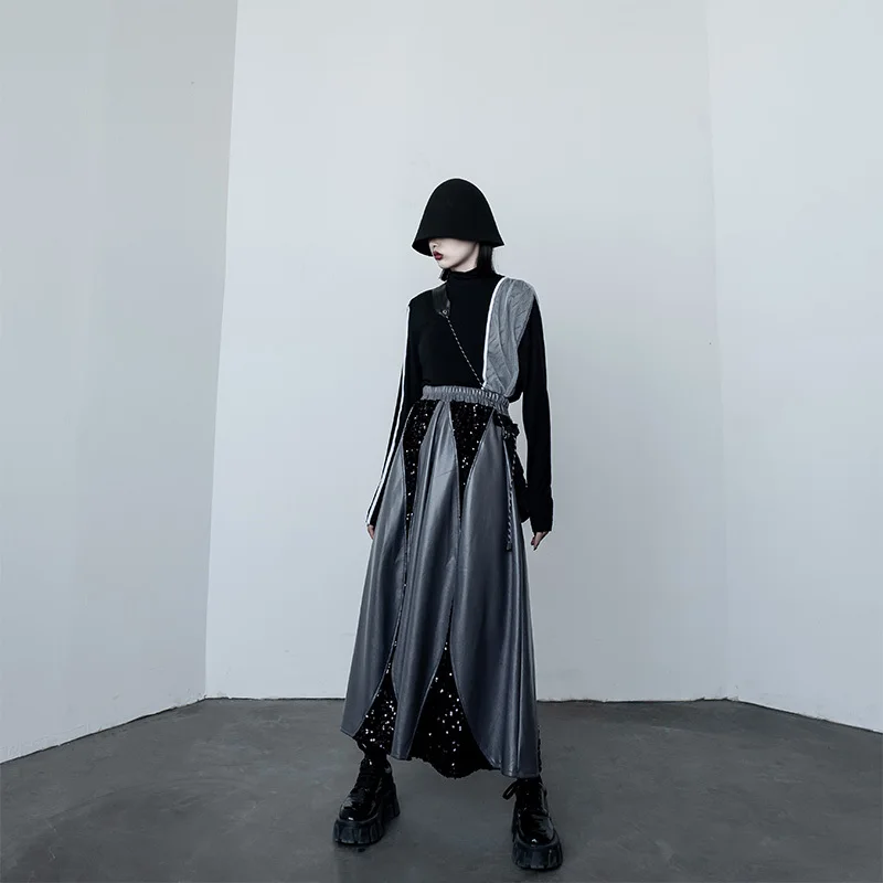 

Waist High Elastic Black Flower Printed Pu Leather Long Half-body Skirt Women Fashion Tide New Spring Autumn 2021 1DD1609