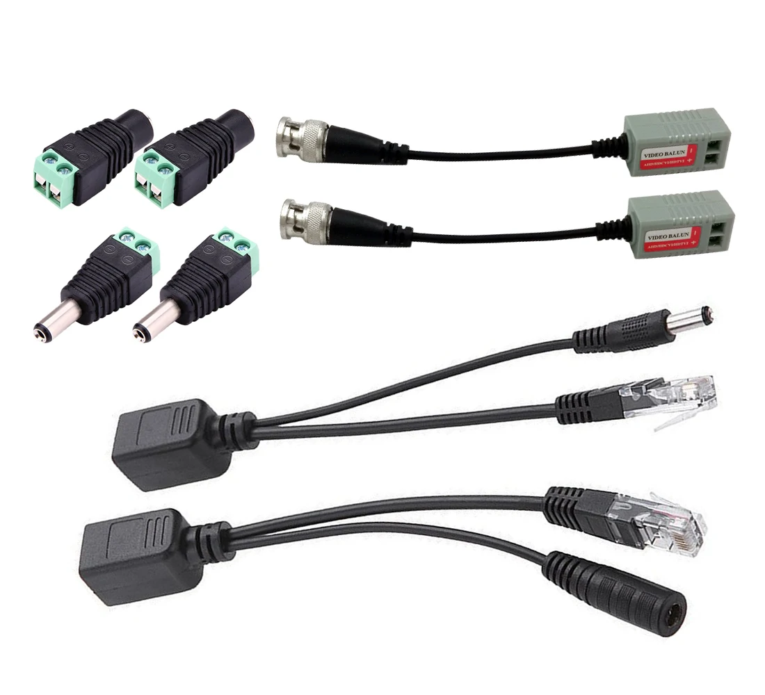 12V DC Male Female Plug  Connector CCTV Power Cable 2.1 x 5.5mm+BNC Video Balun+ Ethernet PoE Adapter RJ45 Injector Splitter