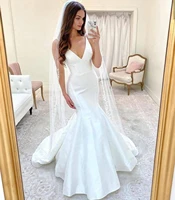 2021 mermaid wedding dress satin white sleeve tank court train simple v neck fishtail floor length robe de mariee cusom made