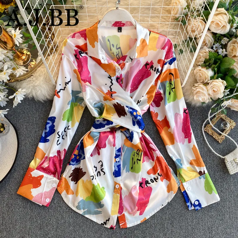 

European autumn fashion multicolor printed casual women's shirt loose Lapel Long Sleeve T-Shirt Top