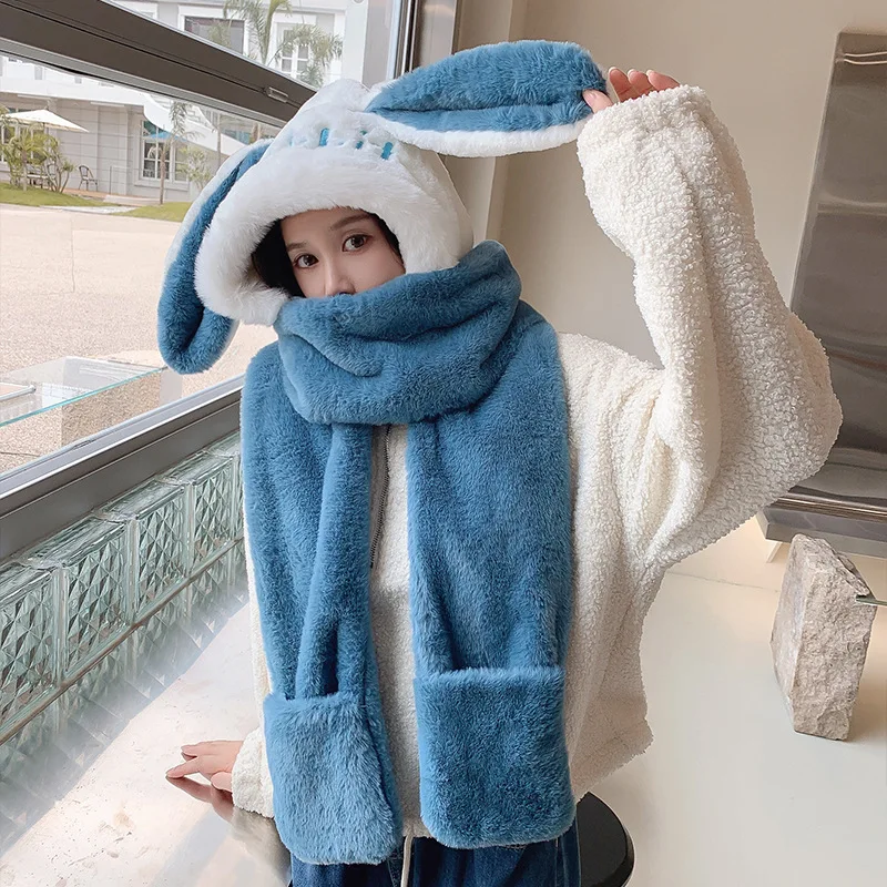 Cute Multi-function Scarf Hat Glove Set Women Woolly Kwaii Rabbit Big Ear Bunny Winter Warm Thickening Pocket Hats Hooded |