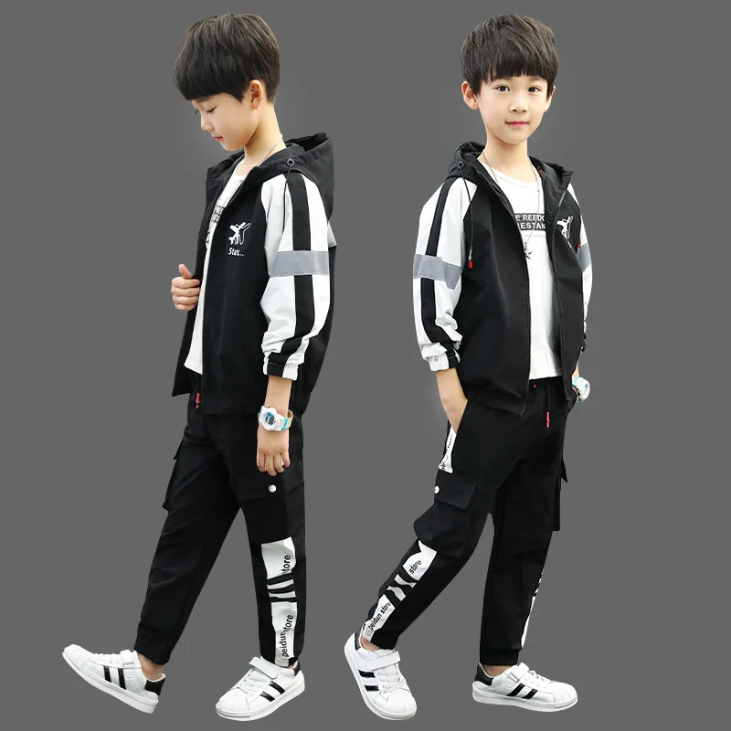 

2019 Spring Autumn Casual Boys Street Wear 2 Piece Sets Color Splicing Hooded Jackets+Trousers Children Kids Outfits 5-15T