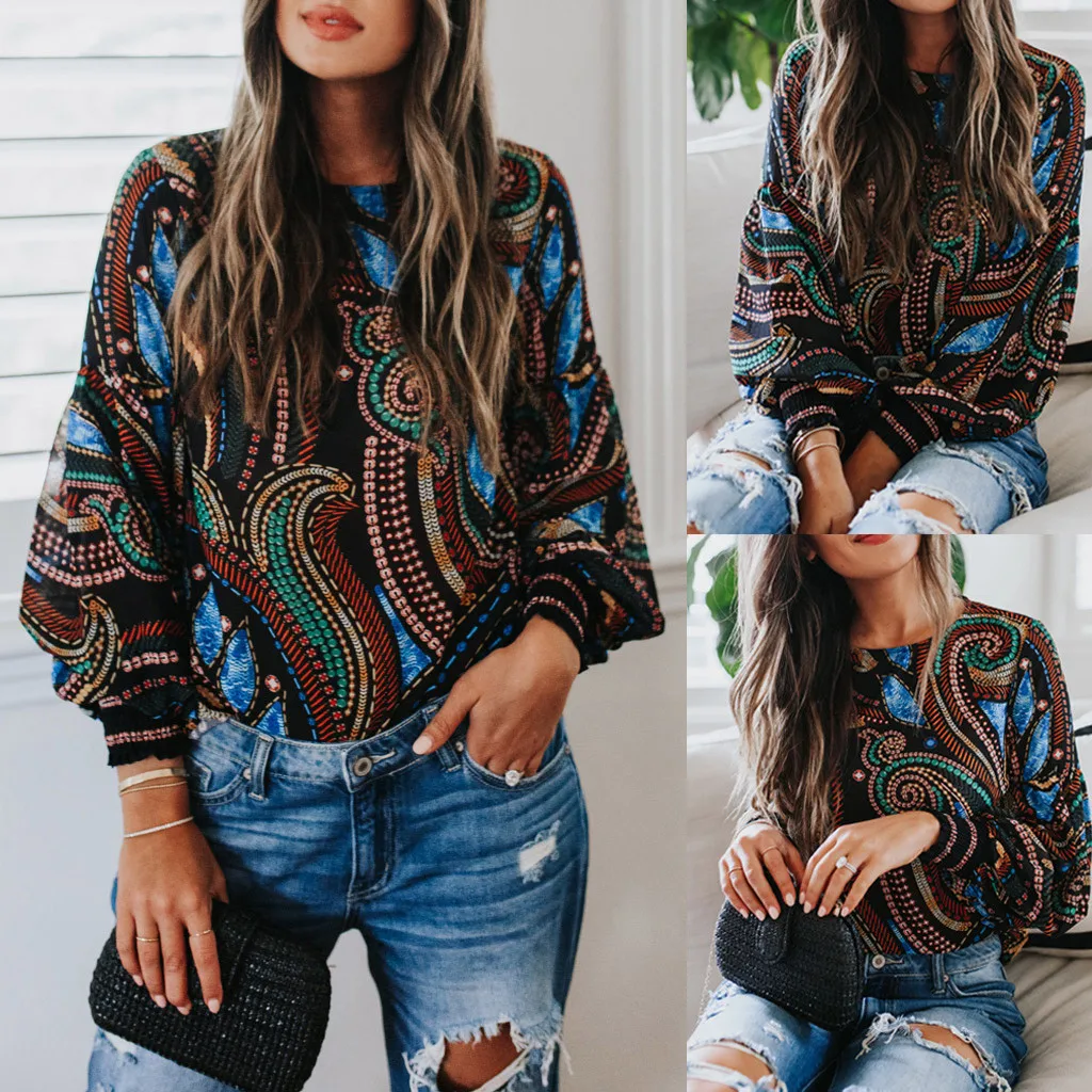 

Feitong Fashion Blouse Women Shirt Casual Printing O-neck Long Sleeves Pullover Shirt Blouse Tops Women Clothes