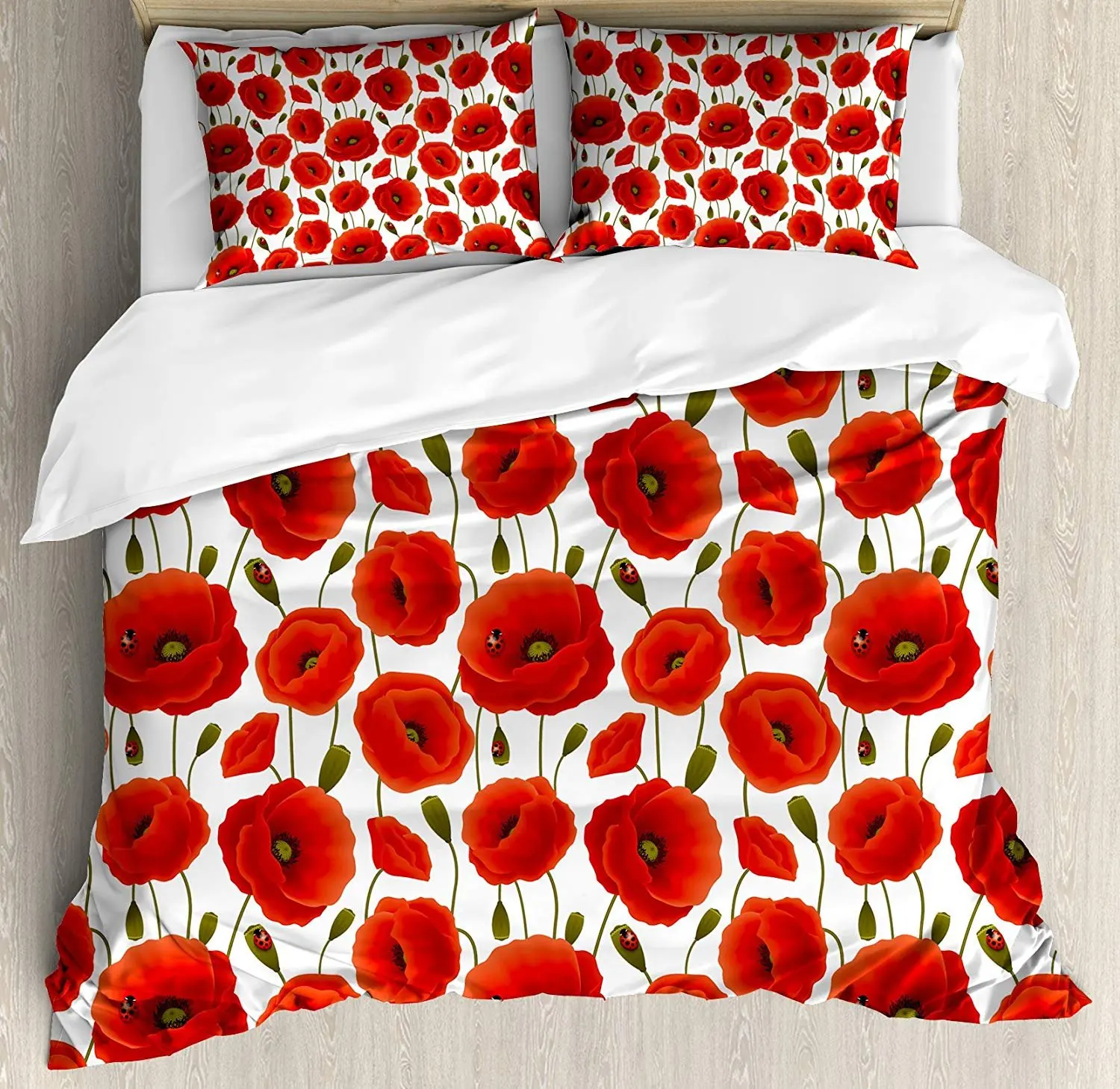 

Poppy Bedding Set Spring Flowers with Ladybugs Animals and Plants Flora and Fauna Nature Duvet Cover Set Pillowcase for Home