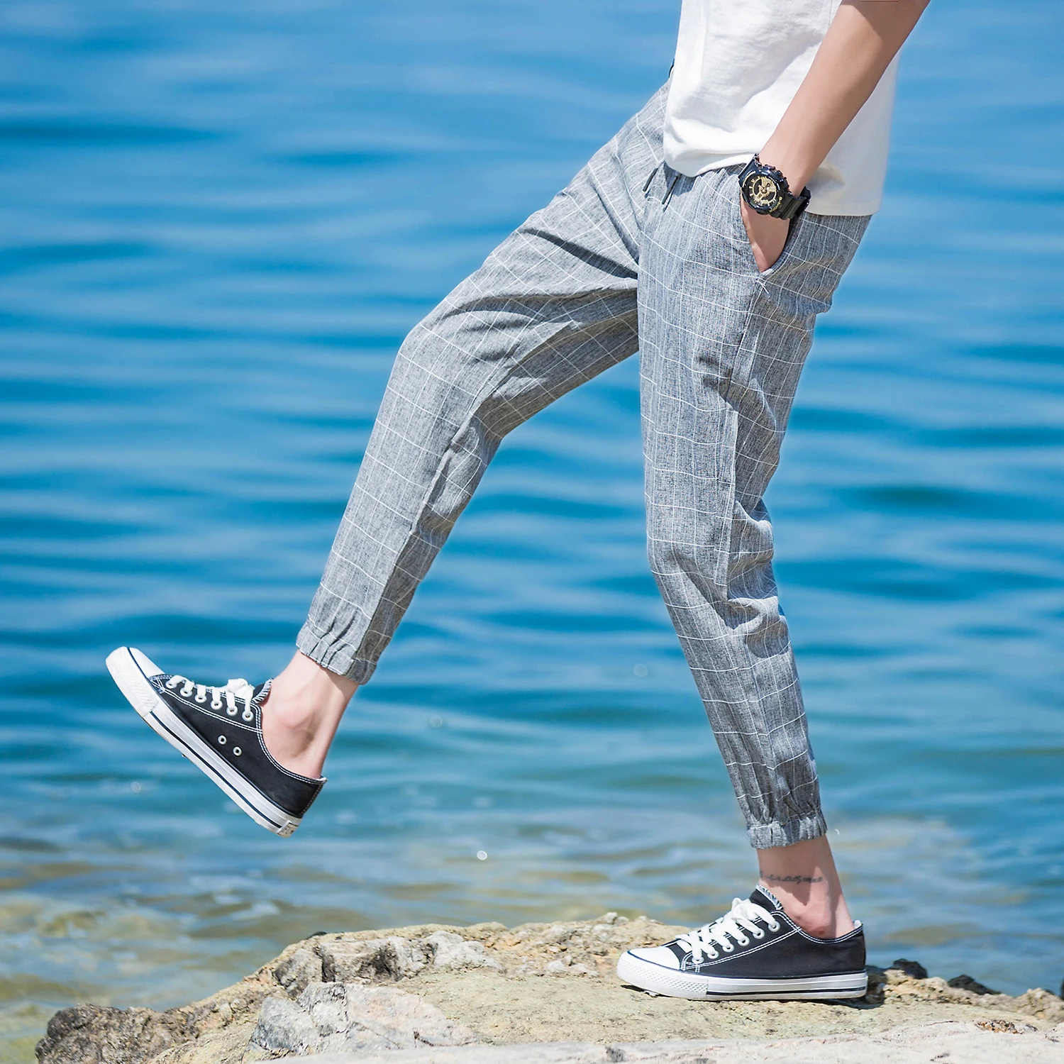 Мужские повседневные облегающие брюки удобные клетчатые Гарун с эластичной