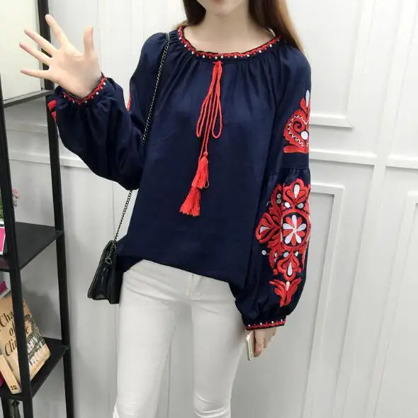 Хлопок Лен Boho вышитые блузки летние с длинным рукавом Женские Белый Синий Черный