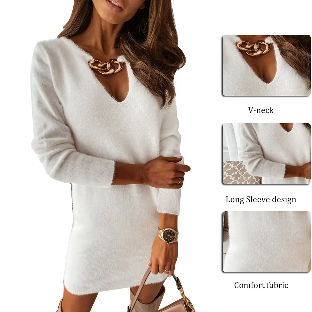 

Women Dress Autumn Winter Metal Chain Deep V Neck Long Sleeve Mini Plush Bodycon Dress for women 2021 Street Wear