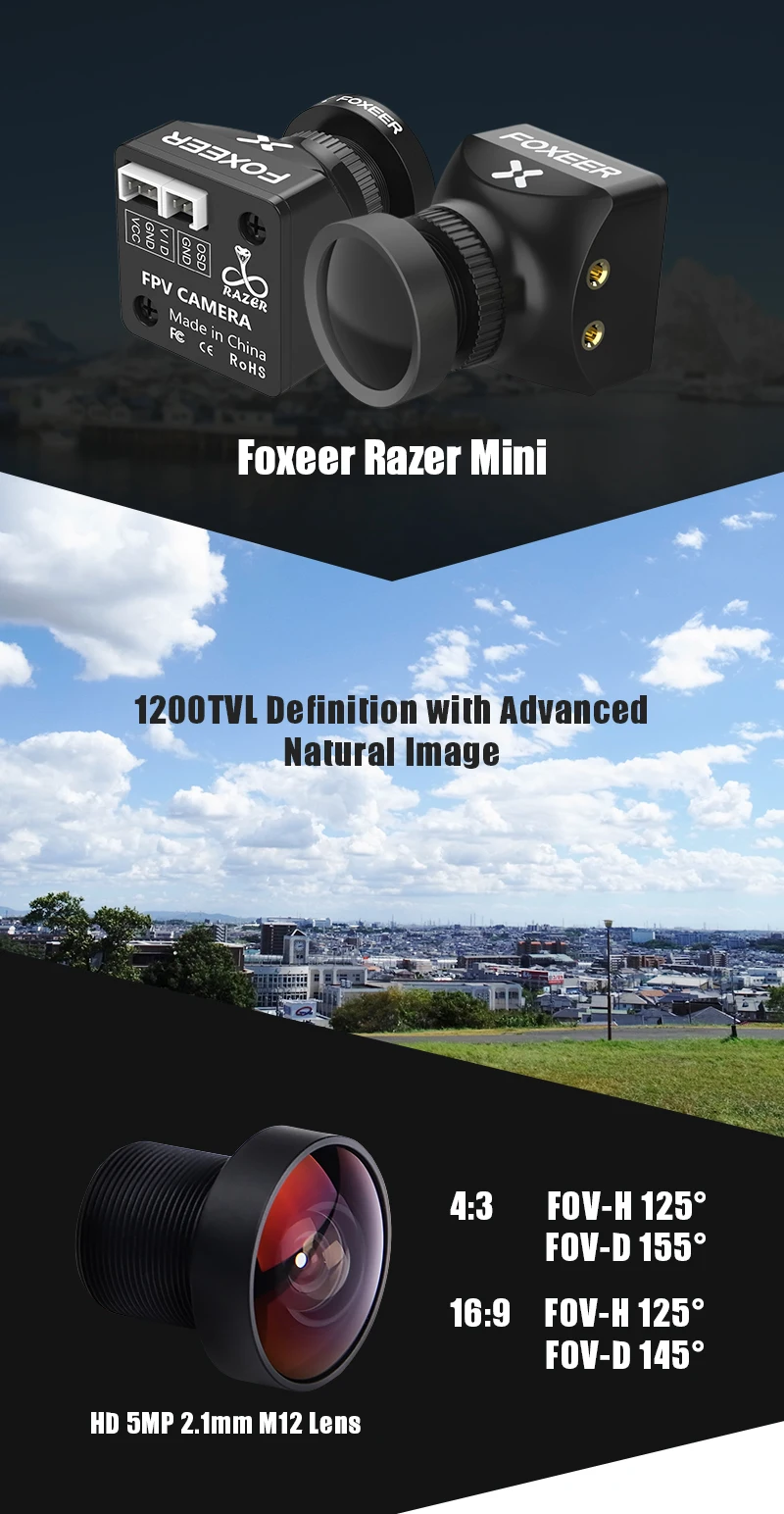 Foxeer razer Mini Micro HD 5MP 2,1 мм M12 1200TVL PAL NTSC 4'3 16'9 FPV камера с OSD 4,5-25 V естественное изображение FPV гоночный Дрон