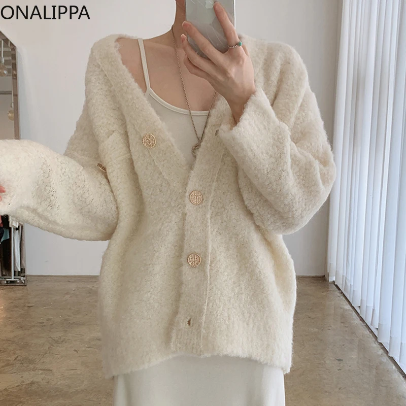 

Onalippa 2021 Women Cardigan Autumn Winter Temperament V-Neck Chic Single-Breasted Loose Plush Warm Long-Sleeved Knitted Jacket