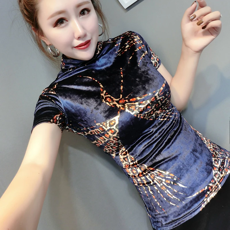 Женская бархатная Водолазка с длинным рукавом леопардовым принтом|Футболки| |