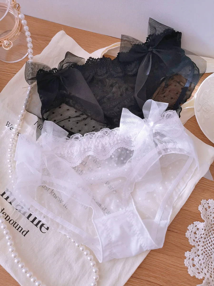 

Японское нижнее белье для девочек, женское милое прозрачное Сетчатое белье в горошек с завязками и бантом, соблазнительное нижнее белье для...