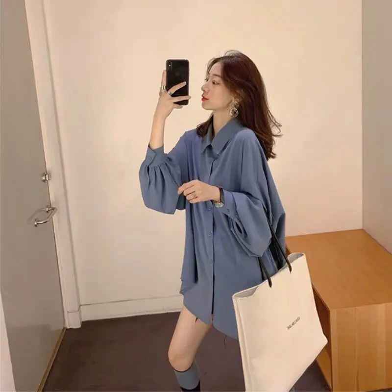 

Lantern Sleeve Oversize Single-Breasted Pocket Solid Color Sweet Korean Fashion Blogger Recommended Lazy Loose 2021 Spring Shirt
