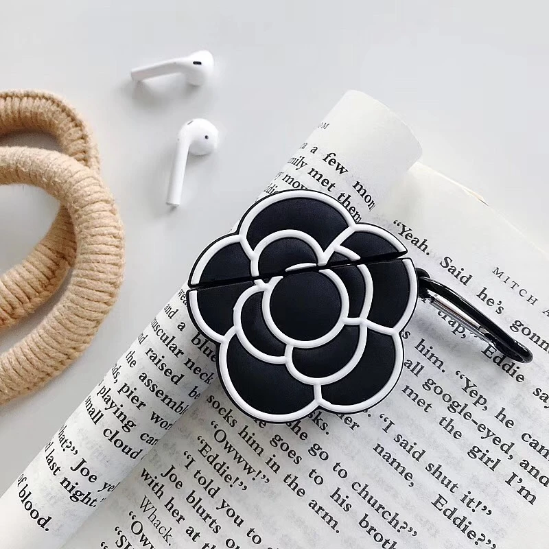 Case for AirPods Cartoon Earphone Cases Apple 1 2 Cute Accessories Protect Cover with Keychain Black Camellia Design | Электроника