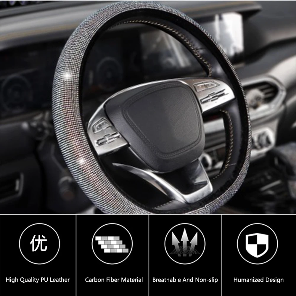 

New Diamond Leather Steering Wheel Cover with Bling Bling Crystal Rhinestones Universal Fit 38cm/15in Auto Interior Accessories