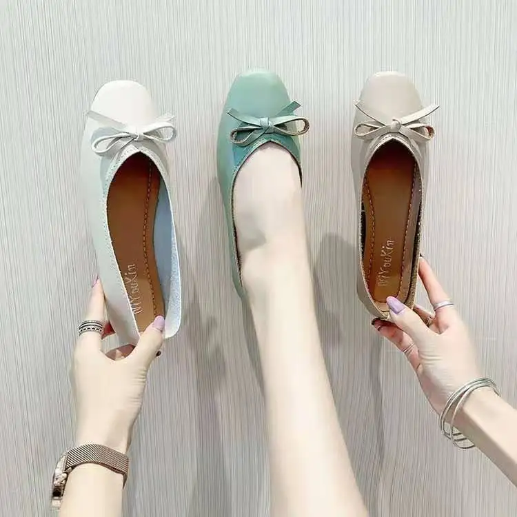 Soft Bottom Bow Single Shoes Women 2021 Summer New Shoes Korean Thick Heel Flat Bottom Casual Shoes Women's Shoes Doudou Shoes